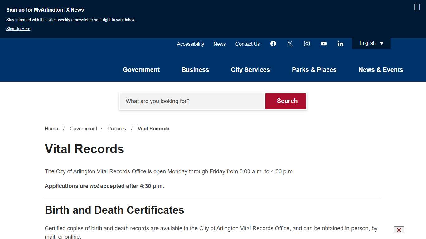 Vital Records | City of Arlington, TX