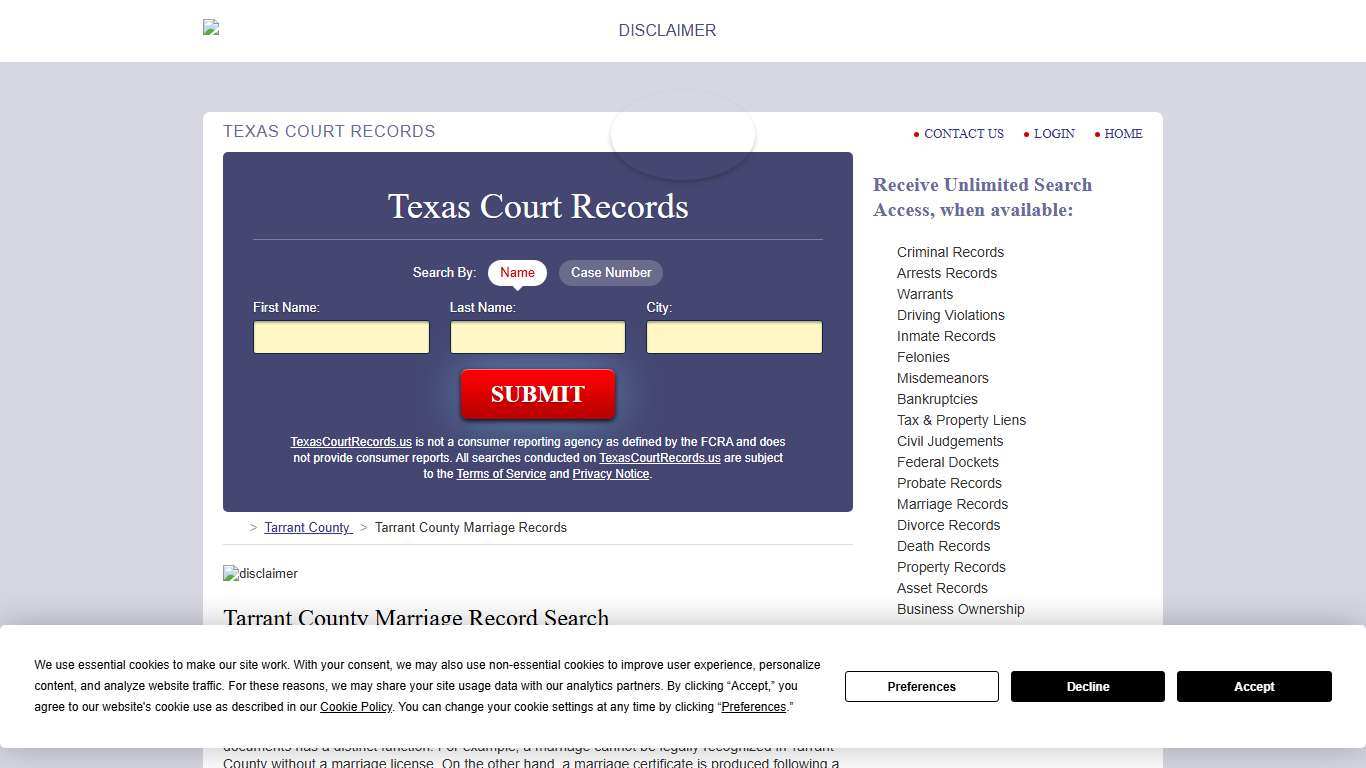 Tarrant County Marriage Records | TexasCourtRecords.us